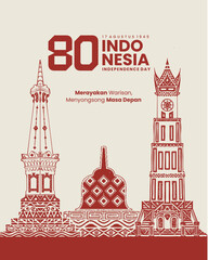 80th Indonesia Independence Day Poster with Traditional Landmark Line Art