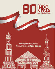 80th Indonesia Independence Day Celebration Poster with Landmark Illustration and Waving Flag Ribbon