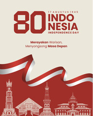 80th Indonesia Independence Day Celebration Poster with Landmark Illustration and Waving Flag Ribbon