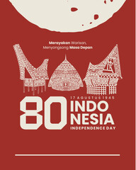 80th Indonesia Independence Day Poster with Traditional Landmark Line Art