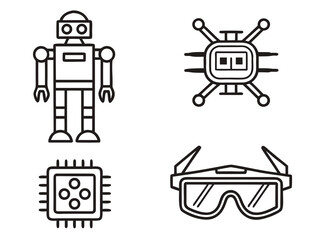 Line art icons depicting a robot, a processor, a chip, and virtual reality glasses.