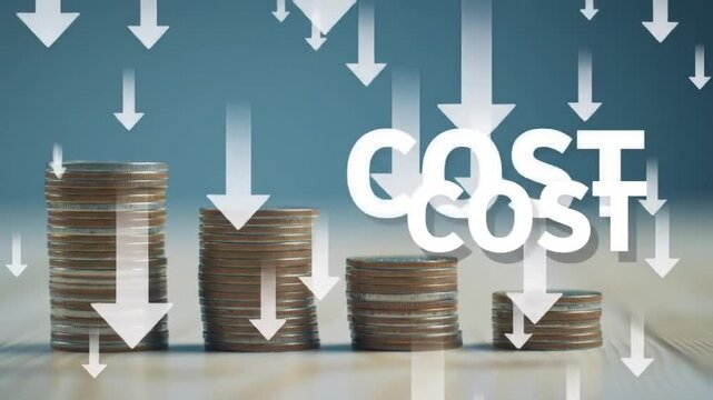 Descending Coin Stacks with Downward Arrows on Blue Background for Cost Reduction