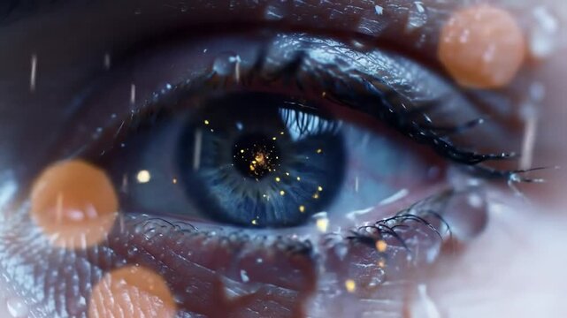 Detailed Macro Shot of a Shimmering Blue Human Eye with Floating Light Particles and Water Droplets Creates a