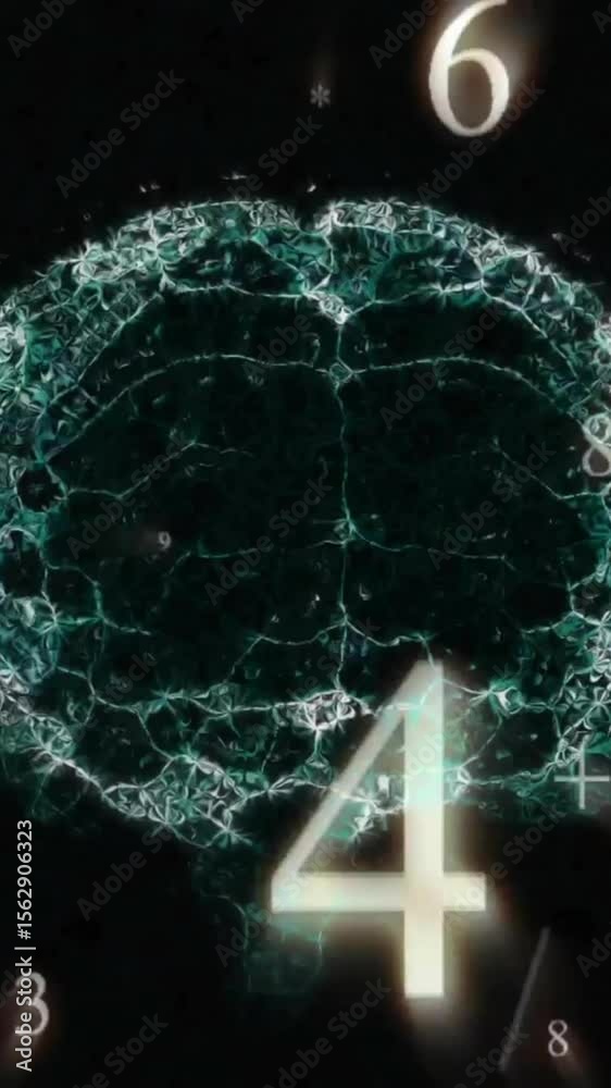 Poster animation of numeric data and symbols over glowing brain network on dark background