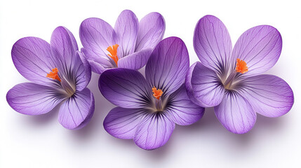 Fototapeta premium spring crocus flower heads isolated on bright white background, top-down flat lay floral arrangement