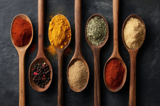 Colorful spices arranged in wooden spoons on dark surface create vibrant culinary display - Powered by Adobe