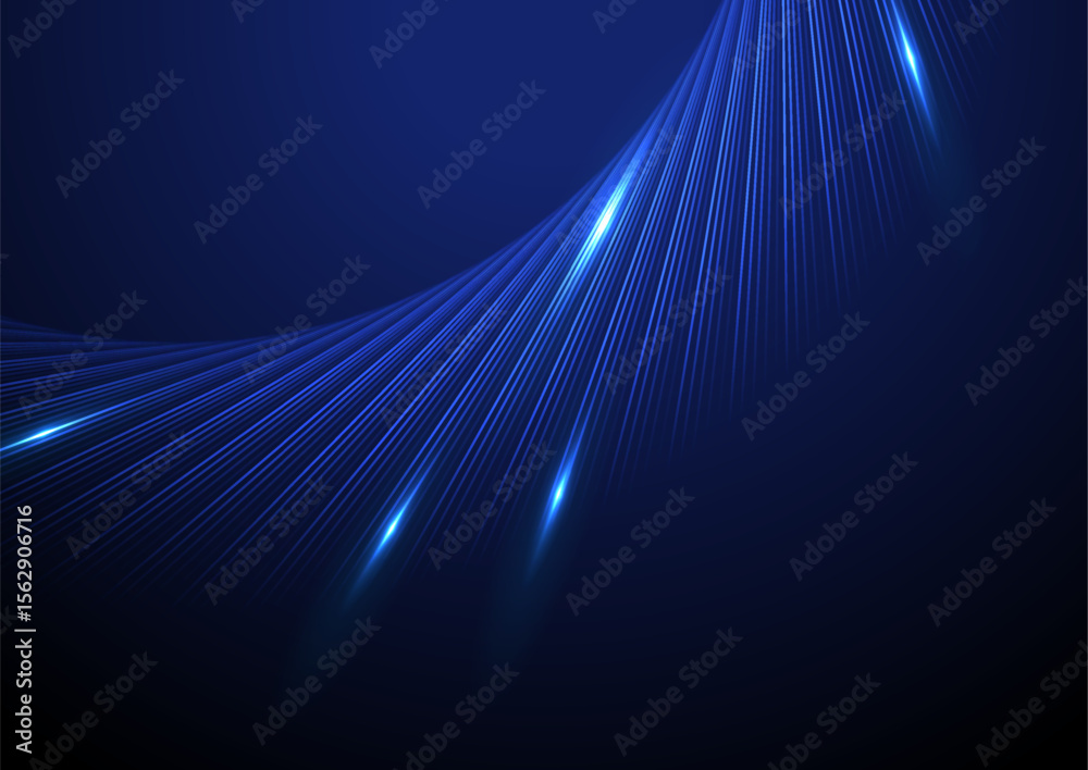 Poster Dark blue minimal laser lines abstract glowing futuristic tech background. Vector digital art rays design