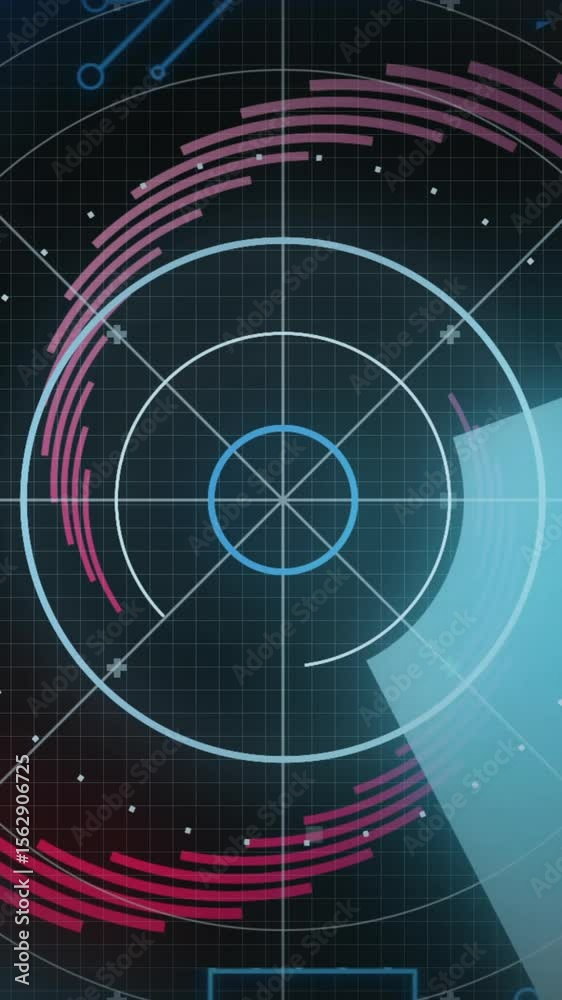 Poster animation of scope scanning with computer circuit board over spinning lines on black background