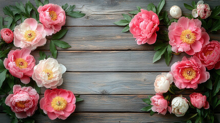 decorative floral banner with pink and white peonies on old grey wooden table, flat lay top view with empty space 