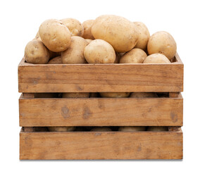 Fresh Organic Potatoes in Wooden Crate Isolated on transparent Background. Healthy Farm Produce Ready for Cooking or Market Display.