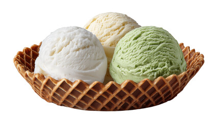 Fototapeta premium Ice cream scoops isolated on transparent background in waffle bowl with creamy texture