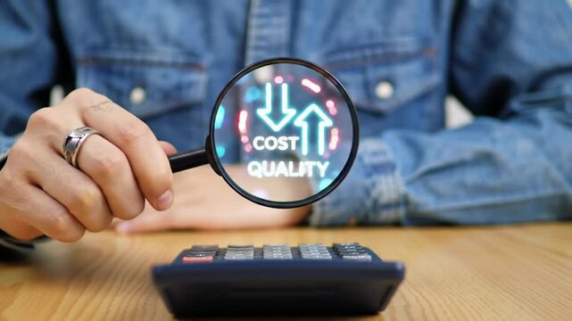 Magnifying Glass over Cost and Quality on Wooden Table with Calculator and Person in Denim Jacket Analyzing Financial