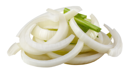 Sliced onion isolated on transparent background with fresh green onion stalks for cooking