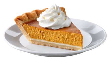 Slice of pumpkin pie isolated on transparent background with whipped cream on top
