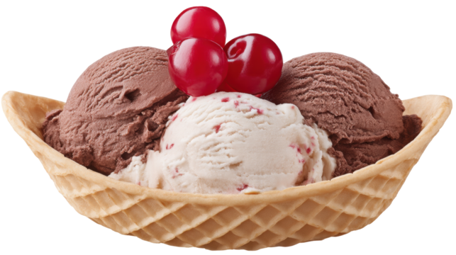 Chocolate ice cream isolated on transparent background with cherry topping in waffle bowl
