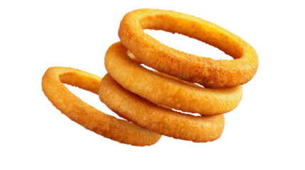 On transparent background isolated crispy golden onion ring stack with crunchy texture