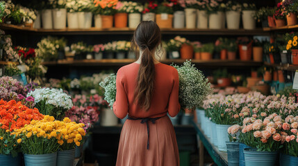 florist woman picking flowers from buckets in shop, creating custom bouquet, elegant lifestyle floral concept