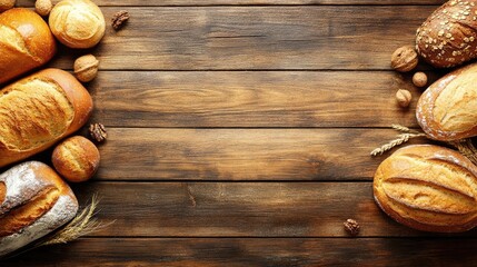 Assorted artisan breads and nuts arranged on a rustic wooden surface, leaving a central empty space
