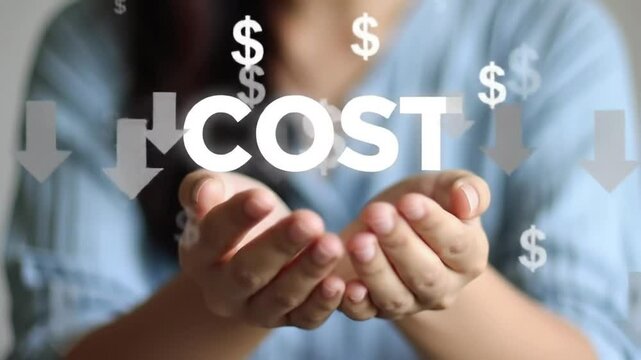 Woman Hands Presenting Cost Reduction with Downward Arrows and Dollar Signs for Financial Savings in Soft Lighting