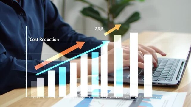 Woman Analyzes Cost Reduction on Laptop with Rising Graph Overlay on Wooden Desk in Bright Indoor Office Setting