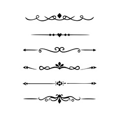 Text dividers doodle set.Wedding decorative elements. ornament, borders, floral, vintage line separators. Hand drawn vector illustration isolated on white background. Set page dividers.

