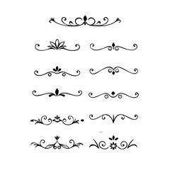 Text dividers doodle set.Wedding decorative elements. ornament, borders, floral, vintage line separators. Hand drawn vector illustration isolated on white background. Set page dividers.
