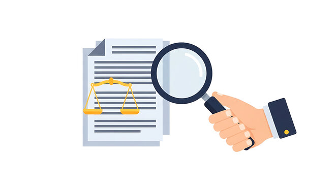 Legal Document Review and Analysis. Hand with Magnifying Glass Examining Paperwork with Scales of Justice Icon.