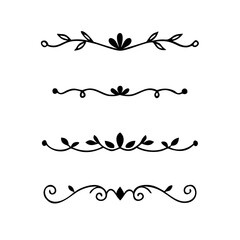 Text dividers doodle set.Wedding decorative elements. ornament, borders, floral, vintage line separators. Hand drawn vector illustration isolated on white background. Set page dividers.
