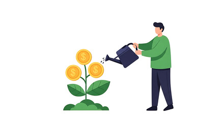 Financial Growth Concept: Person Watering Money Plant for Investment and Wealth Accumulation