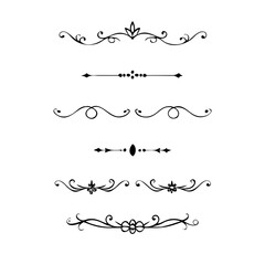 Text dividers doodle set.Wedding decorative elements. ornament, borders, floral, vintage line separators. Hand drawn vector illustration isolated on white background. Set page dividers.
