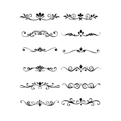 Text dividers doodle set.Wedding decorative elements. ornament, borders, floral, vintage line separators. Hand drawn vector illustration isolated on white background. Set page dividers.
