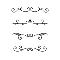 Text dividers doodle set.Wedding decorative elements. ornament, borders, floral, vintage line separators. Hand drawn vector illustration isolated on white background. Set page dividers.
