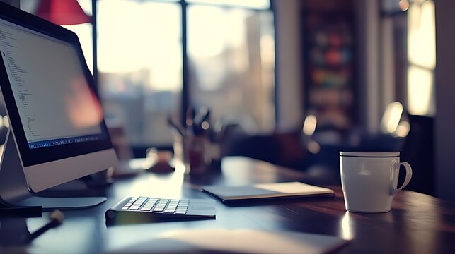 Evening Home Office Workspace Laptop Data Analysis Cozy Desk Setup ,A laptop computer is placed on top of a sturdy wooden table, ready for use, Coding from a coffee shop as an example of teleworking,