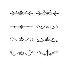 Text dividers doodle set.Wedding decorative elements. ornament, borders, floral, vintage line separators. Hand drawn vector illustration isolated on white background. Set page dividers.
