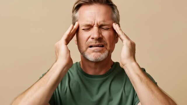 Portrait of old man isolated on brown background, suffering from severe headache, pressing fingers to temples with closed eyes