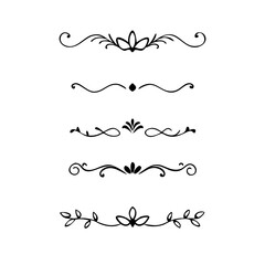 Text dividers doodle set.Wedding decorative elements. ornament, borders, floral, vintage line separators. Hand drawn vector illustration isolated on white background. Set page dividers.
