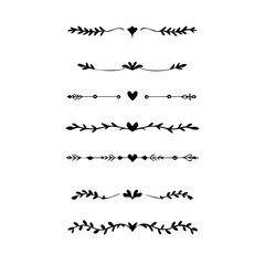 Text dividers doodle set.Wedding decorative elements. ornament, borders, floral, vintage line separators. Hand drawn vector illustration isolated on white background. Set page dividers.
