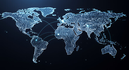 Digital illuminated world map with interconnected continents and glowing bright points representing global communication networks and international connectivity