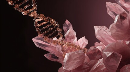 A close-up of a pink crystal cluster with a golden DNA strand interwoven within its structure.