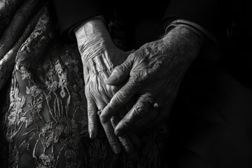 Elderly couple holding hands together in a nursing home, showcasing love and care during their golden years, captured with a soft focus on their intertwined hands and textures