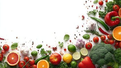 Vibrant array of fresh produce, herbs, and spices artfully arranged on a white background, forming a border with a large central empty space
