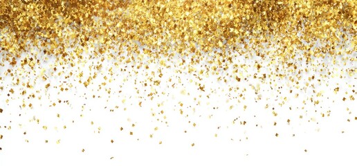 Dense gold glitter cascades down, creating a shimmering, celebratory effect against a stark white background