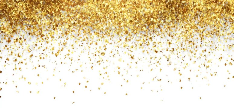 Dense gold glitter cascades down, creating a shimmering, celebratory effect against a stark white background