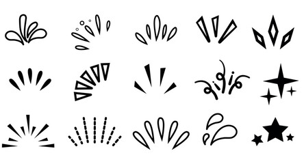 set of gribouillage, different flower shape ornaments black silhouettes 