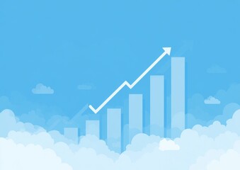 Upward trending bar graph ascending above fluffy clouds against a clear blue sky, symbolizing growth and success