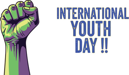 A green fist raised beside international youth day text on yellow