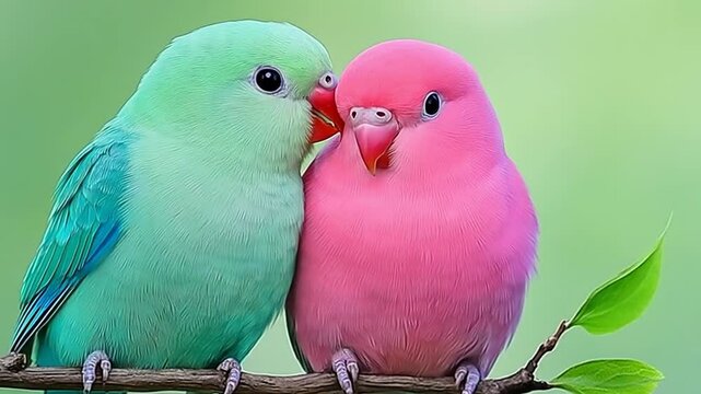 Colorful Lovebirds Sitting On Tree Branch
