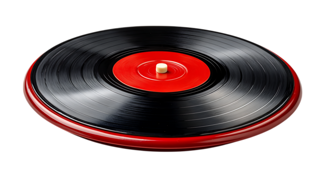 A vintage black vinyl record with a bright red label and a white spindle isolated on a transparent background isolated on transparent background