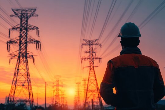 Worker watches sunset over power lines
