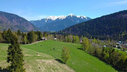 A scenic vista of a green valley with mountains and trees under a blue sky.